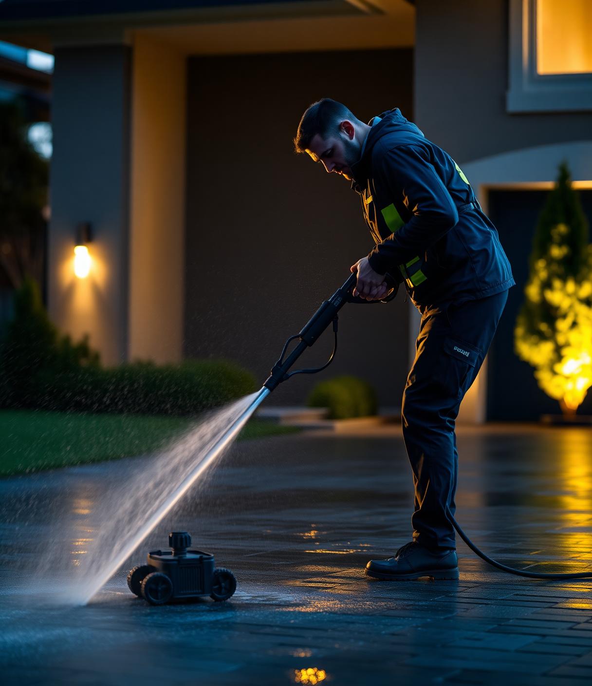 Technician pressure washing a driveway